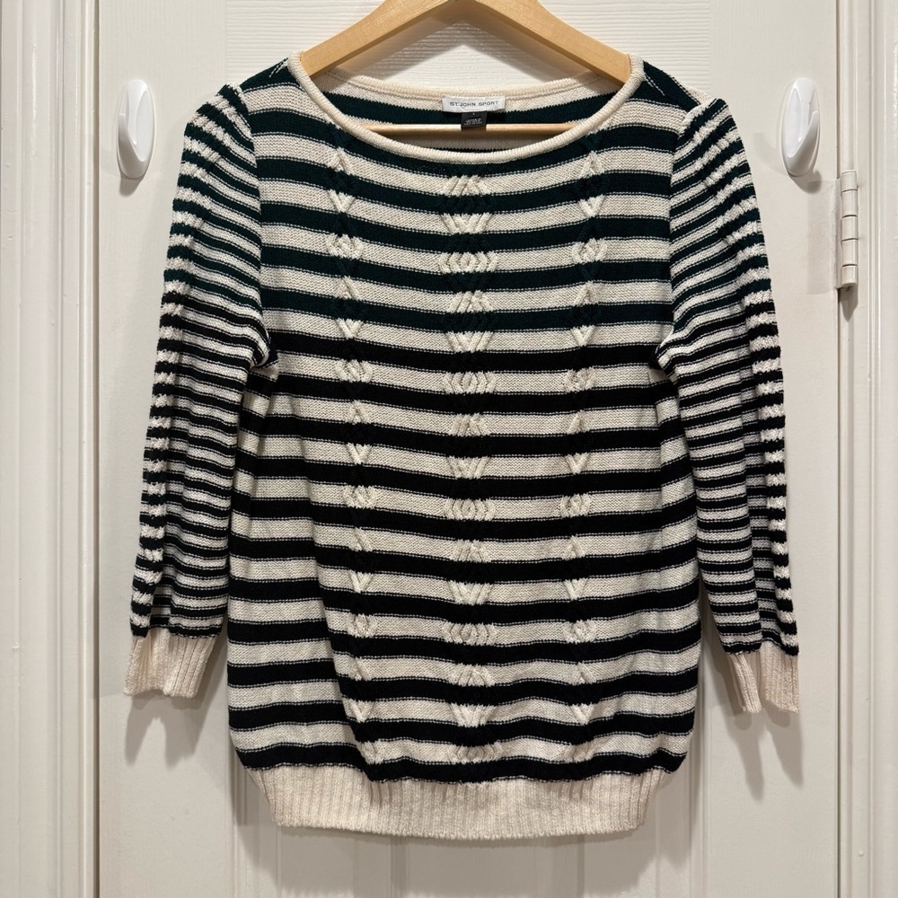 ST JOHN SPORT Cable Knit Sweater Women’s S Striped Black Green Ivory Wool Blend